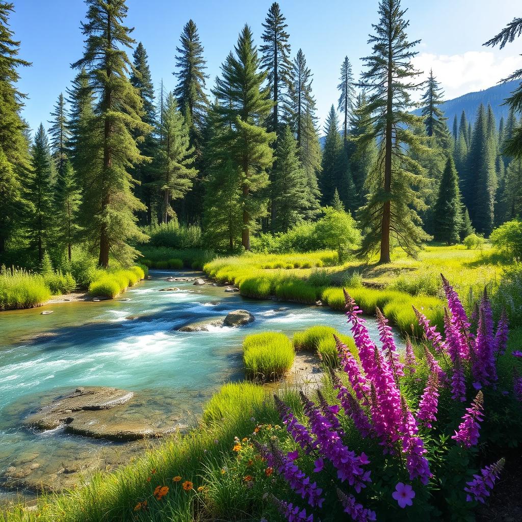 A serene landscape featuring a lush forest with tall trees, a clear blue river flowing through it, and vibrant flowers blooming on the riverbank under a bright, sunny sky