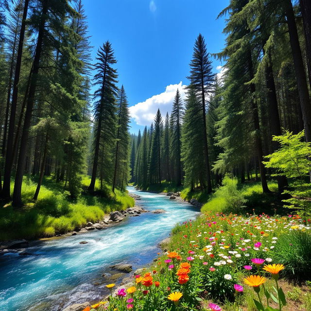 A serene landscape featuring a lush forest with tall trees, a clear blue river flowing through it, and vibrant flowers blooming on the riverbank under a bright, sunny sky