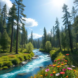 A serene landscape featuring a lush forest with tall trees, a clear blue river flowing through it, and vibrant flowers blooming on the riverbank under a bright, sunny sky