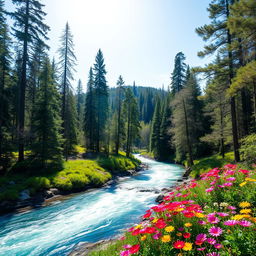 A serene landscape featuring a lush forest with tall trees, a clear blue river flowing through it, and vibrant flowers blooming on the riverbank under a bright, sunny sky