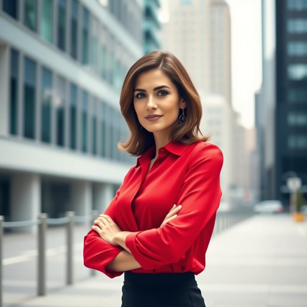 A confident woman wearing a stylish red blouse, standing in a modern urban setting