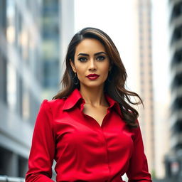 A confident woman wearing a stylish red blouse, standing in a modern urban setting