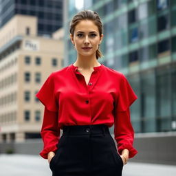 A confident woman wearing a stylish red blouse, standing in a modern urban setting