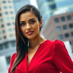 A confident woman wearing a stylish red blouse, standing in a modern urban setting