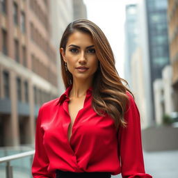 A confident woman wearing a stylish red blouse that shows a hint of cleavage, standing in a modern urban setting