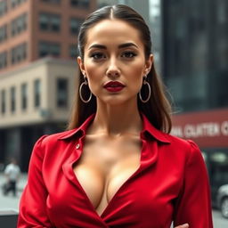 A confident woman wearing a stylish red blouse that shows a hint of cleavage, standing in a modern urban setting