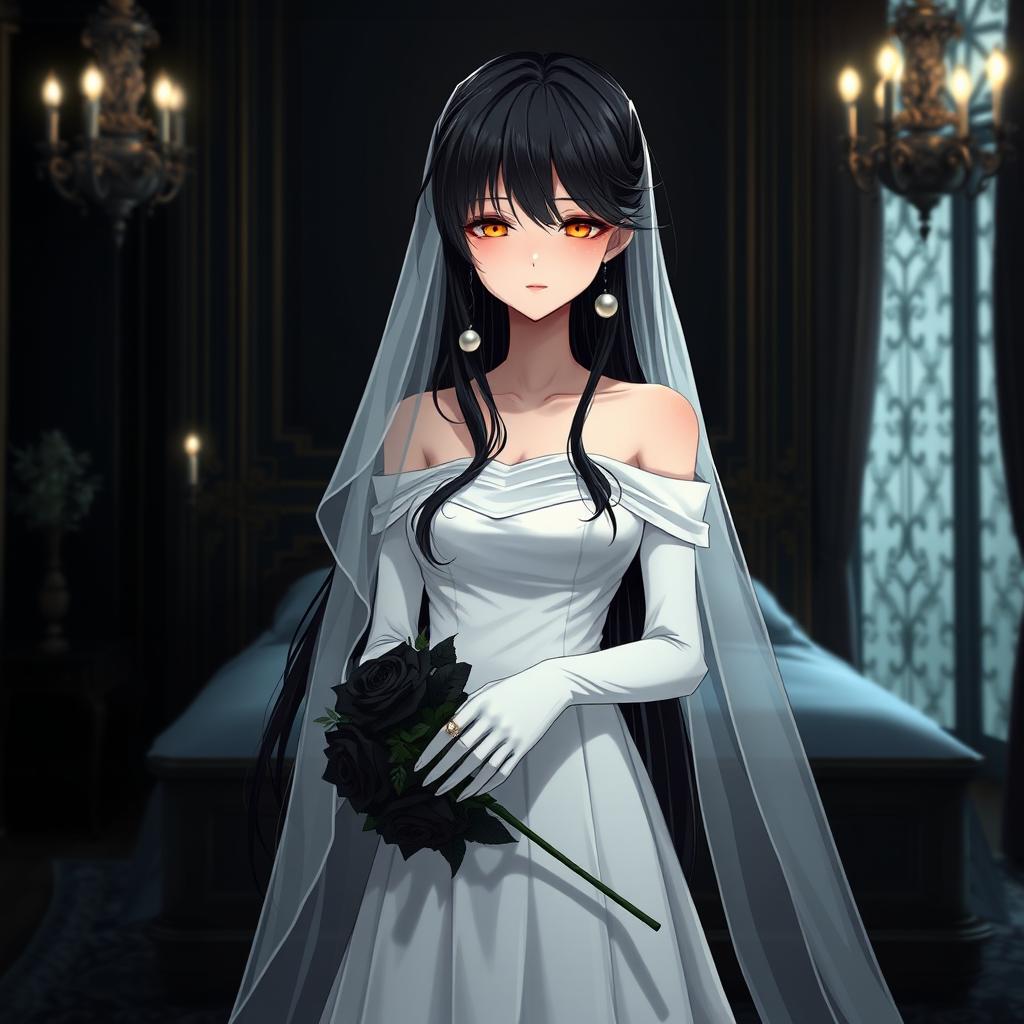 A mysterious slender tall young anime style woman with long flowing black hair with a side part in front, golden eyes, and bright red lips, wearing a long gorgeous foot-length white wedding gown with an off-shoulder design and luminous pearls floating in her hair beautifully