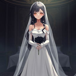 A mysterious slender tall young anime style woman with long flowing black hair with a side part in front, golden eyes, and bright red lips, wearing a long gorgeous foot-length white wedding gown with an off-shoulder design and luminous pearls floating in her hair beautifully