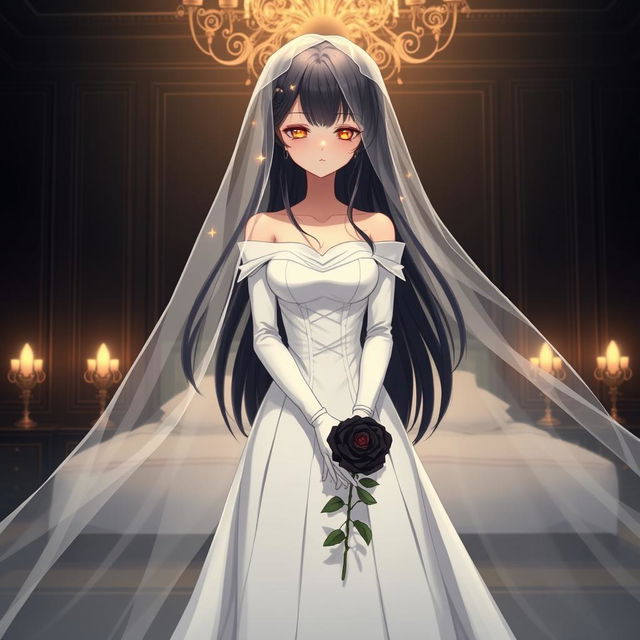 A mysterious slender tall young anime style woman with long flowing black hair with a side part in front, golden eyes, and bright red lips, wearing a long gorgeous foot-length white wedding gown with an off-shoulder design and luminous pearls floating in her hair beautifully