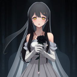 A mysterious slender tall young anime style woman with long flowing black hair with a side part in front, golden eyes, and bright red lips, wearing a long gorgeous foot-length white wedding gown with an off-shoulder design and luminous pearls floating in her hair beautifully