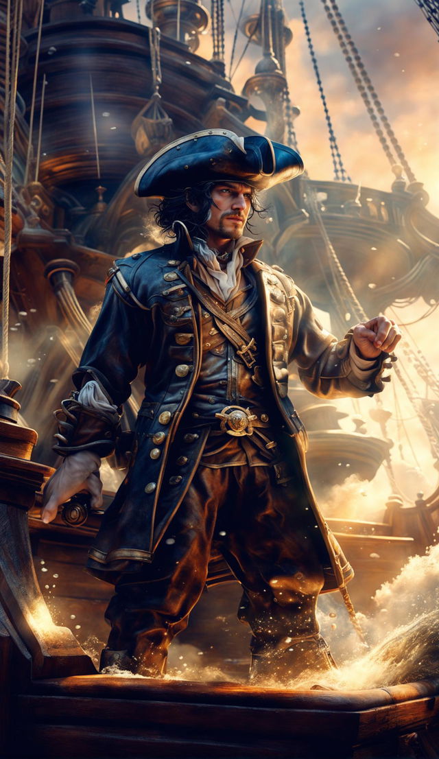 A CGI photograph featuring a handsome protagonist on a pirate ship pointing towards an unseen destination amidst turbulent waves. Supernatural elements like glowing particles add an eerie illumination to his face. The scene has a cinematic quality with dramatic lighting and camera angles.