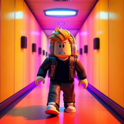 Un personaje de Roblox explorando los Backrooms, un espacio laberíntico y surrealista con paredes amarillas y luces fluorescentes