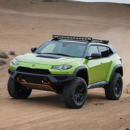 A daring crossover between a Lamborghini's aggressive, sporty design and the rugged, off-road aesthetic of a Jeep.