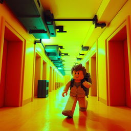 Un personaje de Roblox explorando los Backrooms, un espacio laberíntico y surrealista con paredes amarillas y luces fluorescentes