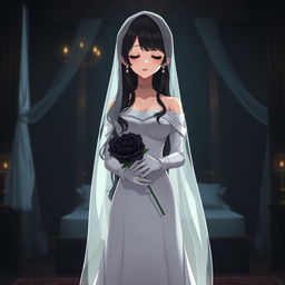 A mysterious slender tall young anime style woman with long flowing wavy black hair with a side part in front, golden eyes, and bright red lips, wearing a long gorgeous foot-length white wedding gown with an off-shoulder design and luminous pearls floating in her hair beautifully