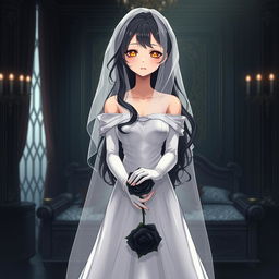 A mysterious slender tall young anime style woman with long flowing wavy black hair with a side part in front, golden eyes, and bright red lips, wearing a long gorgeous foot-length white wedding gown with an off-shoulder design and luminous pearls floating in her hair beautifully