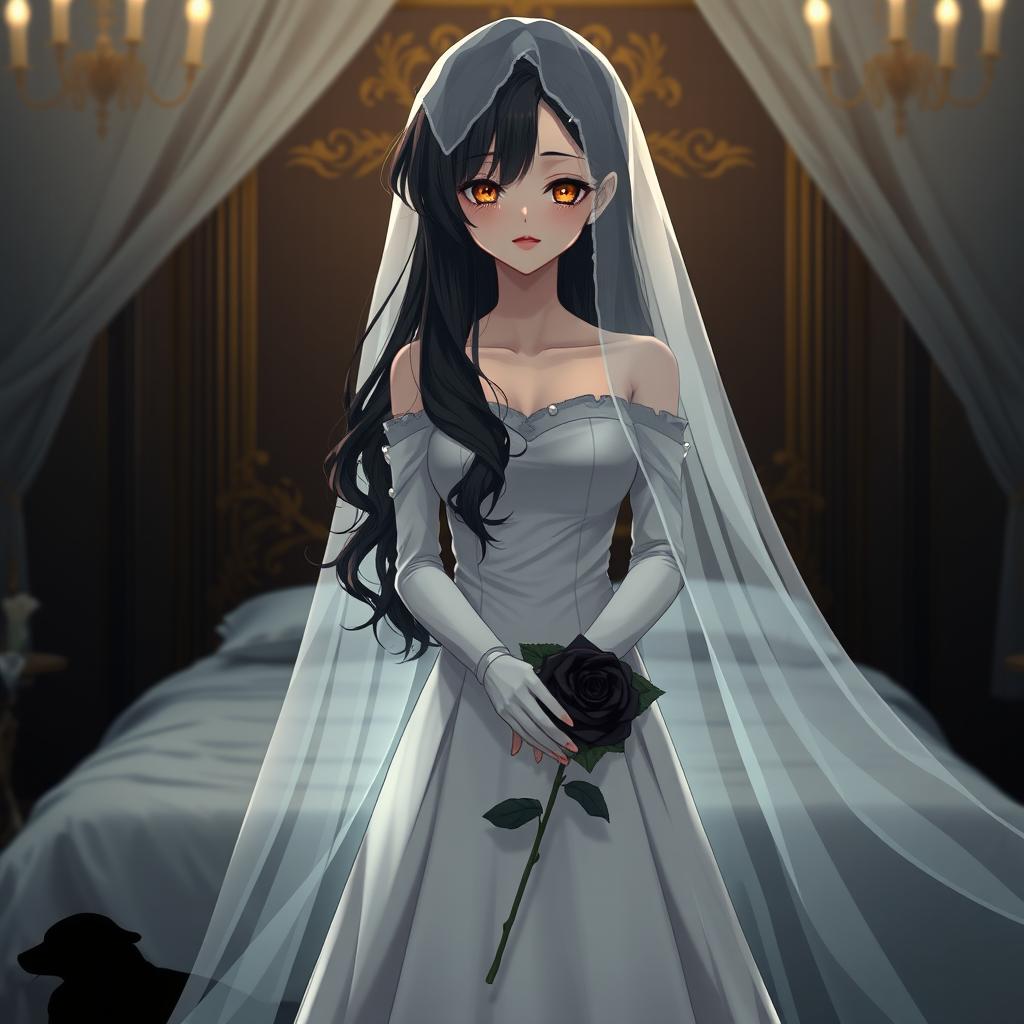 A mysterious slender tall young anime style woman with long flowing wavy black hair with a side part in front, golden eyes, and bright red lips, wearing a long gorgeous foot-length white wedding gown with an off-shoulder design and luminous pearls floating in her hair beautifully