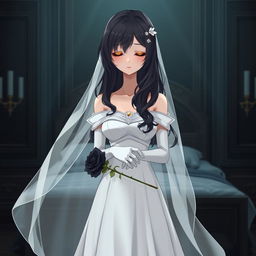 A mysterious slender tall young anime style woman with long flowing wavy black hair with a side part in front, golden eyes, and bright red lips, wearing a long gorgeous foot-length white wedding gown with an off-shoulder design and luminous pearls floating in her hair beautifully