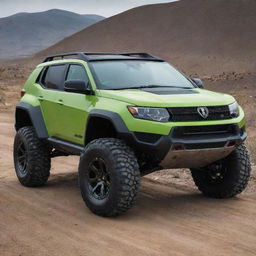 A daring crossover between a Lamborghini's aggressive, sporty design and the rugged, off-road aesthetic of a Jeep.