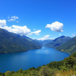 A beautiful landscape featuring a serene lake surrounded by lush green mountains under a clear blue sky with a few fluffy clouds