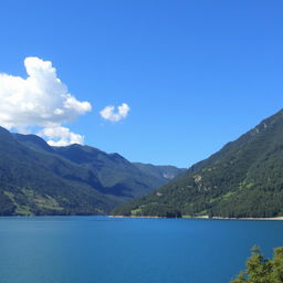 A beautiful landscape featuring a serene lake surrounded by lush green mountains under a clear blue sky with a few fluffy clouds