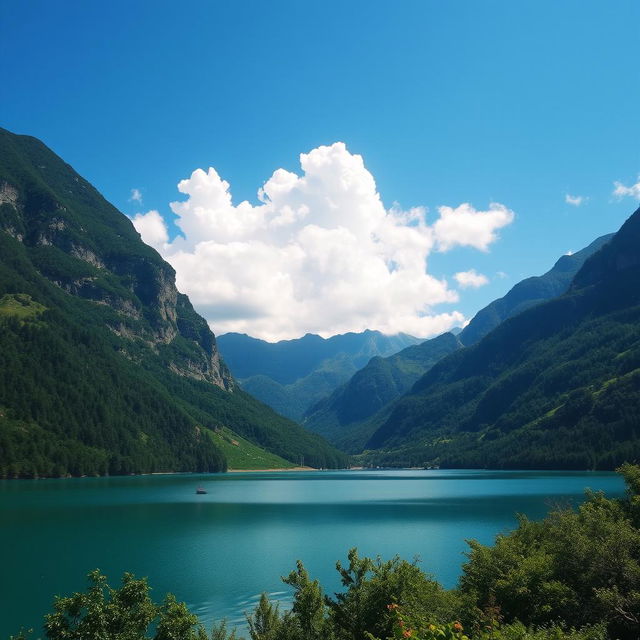 A beautiful landscape featuring a serene lake surrounded by lush green mountains under a clear blue sky with a few fluffy clouds