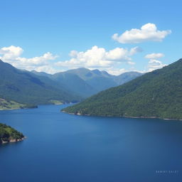 A beautiful landscape featuring a serene lake surrounded by lush green mountains under a clear blue sky with a few fluffy clouds