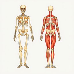 A detailed illustration of the human skeletal system alongside the muscular system