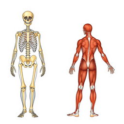 A detailed illustration of the human skeletal system alongside the muscular system