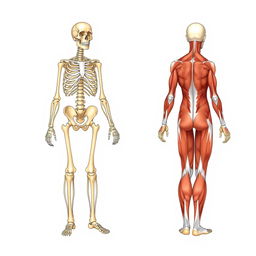 A detailed illustration of the human skeletal system alongside the muscular system