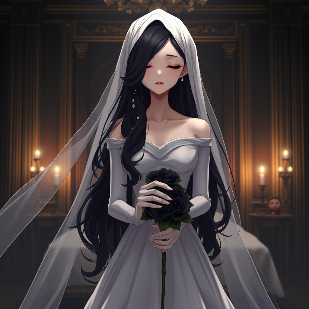 A mysterious slender tall young anime style woman with long flowing wavy black hair with a side part in front, golden eyes, and bright red lips, wearing a long gorgeous foot-length white wedding gown with an off-shoulder design and luminous pearls floating in her hair beautifully