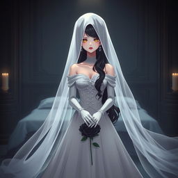 A mysterious slender tall young anime style woman with long flowing wavy black hair with a side part in front, golden eyes, and bright red lips, wearing a long gorgeous foot-length white wedding gown with an off-shoulder design and luminous pearls floating in her hair beautifully