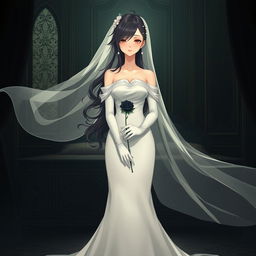 A mysterious slender tall young anime style woman with long flowing wavy black hair with a side part in front, golden eyes, and bright red lips, wearing a long gorgeous foot-length white wedding gown with an off-shoulder design and luminous pearls floating in her hair beautifully