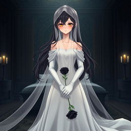 A mysterious slender tall young anime style woman with long flowing wavy black hair with a side part in front, golden eyes, and bright red lips, wearing a long gorgeous foot-length white wedding gown with an off-shoulder design and luminous pearls floating in her hair beautifully