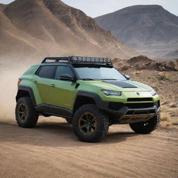 A daring crossover between a Lamborghini's aggressive, sporty design and the rugged, off-road aesthetic of a Jeep.