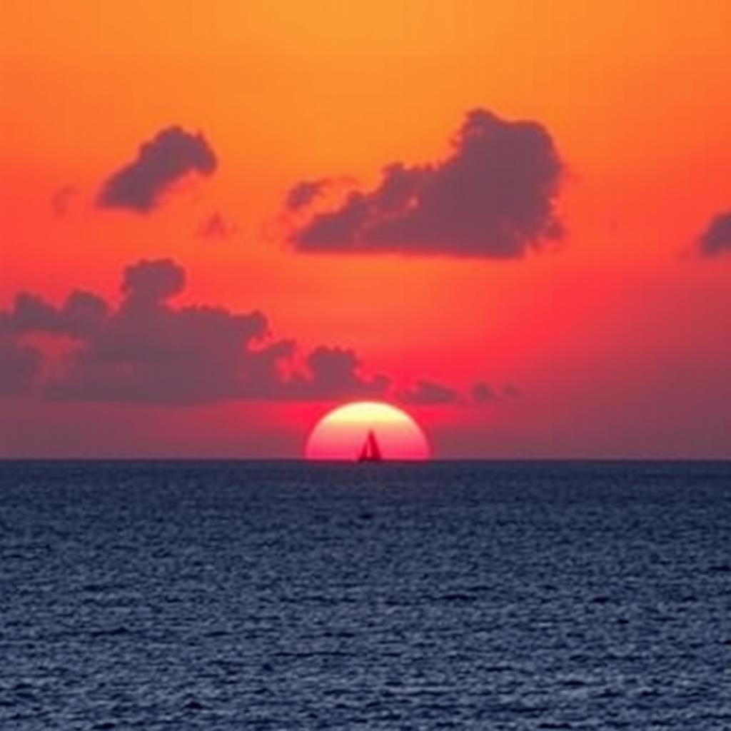 Create an image of a beautiful sunset over a calm ocean with a few fluffy clouds in the sky