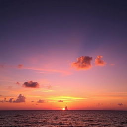 Create an image of a beautiful sunset over a calm ocean with a few fluffy clouds in the sky