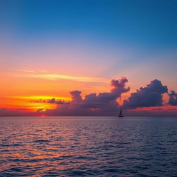 Create an image of a beautiful sunset over a calm ocean with a few fluffy clouds in the sky