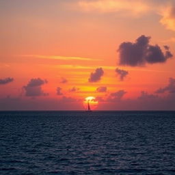 Create an image of a beautiful sunset over a calm ocean with a few fluffy clouds in the sky