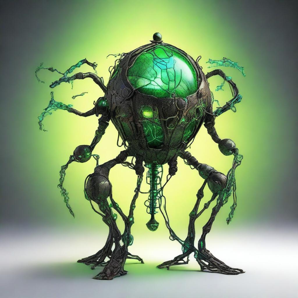 Create an image of the Verdant Sentinel with a large, metallic orb body, cracked surface revealing a glowing neon green core