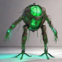 Create an image of the Verdant Sentinel with a large, metallic orb body, cracked surface revealing a glowing neon green core