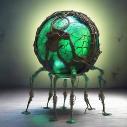 Create an image of the Verdant Sentinel with a large, metallic orb body, cracked surface revealing a glowing neon green core