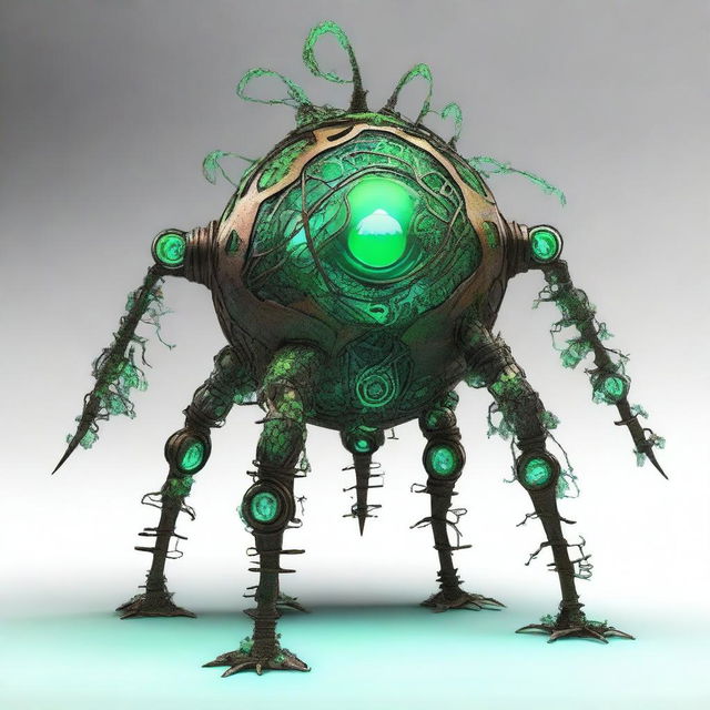 Create an image of the Verdant Sentinel with a large, metallic orb body, cracked surface revealing a glowing neon green core