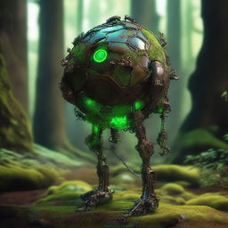 Create an image of the Verdant Sentinel, featuring a metallic orb body with a cracked surface revealing a glowing neon green core