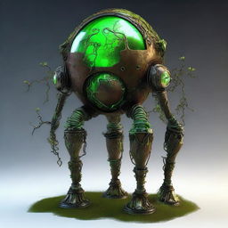 Create an image of the Verdant Sentinel, featuring a metallic orb body with a cracked surface revealing a glowing neon green core