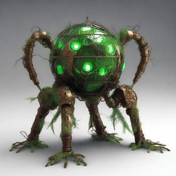 Create an image of the Verdant Sentinel, featuring a metallic orb body with a cracked surface revealing a glowing neon green core