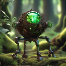 Create an image of the Verdant Sentinel, featuring a metallic orb body with a cracked surface revealing a glowing neon green core