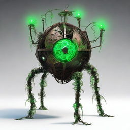 Create an image of the Verdant Sentinel, a construct with a metallic orb body that has a cracked surface, revealing a glowing neon green core