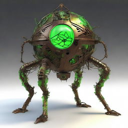 Create an image of the Verdant Sentinel, a construct with a metallic orb body that has a cracked surface, revealing a glowing neon green core