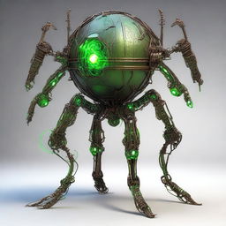 Create an image of the Verdant Sentinel, a construct with a metallic orb body that has a cracked surface, revealing a glowing neon green core